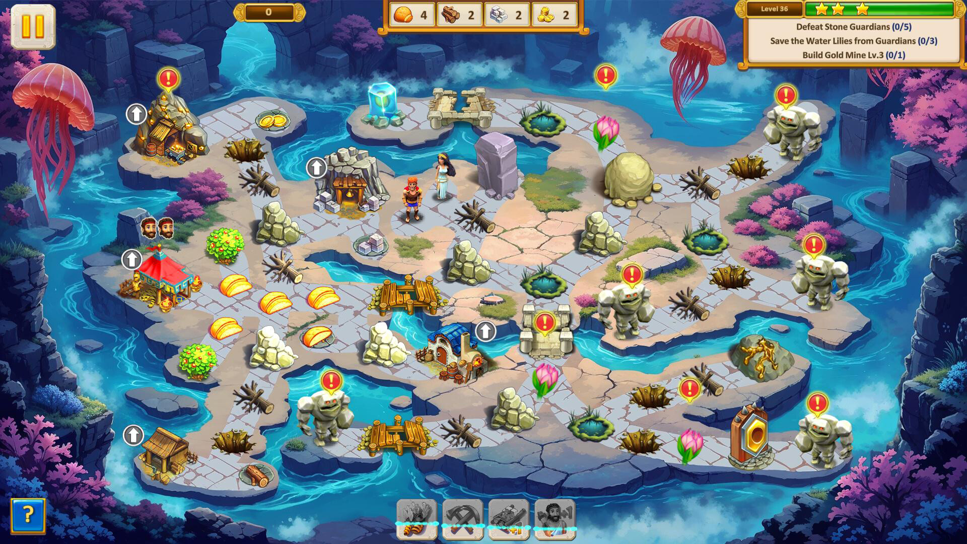 Colorful top-down map of a rocky island chain crossed by bright blue water and wooden bridges, pools and pits, trees and oversized jellyfish; stone golems with exclamation icons and two human characters beside buildings and resource piles; HUD showing food, wood, stone, gold and objectives like defeating stone guardians.