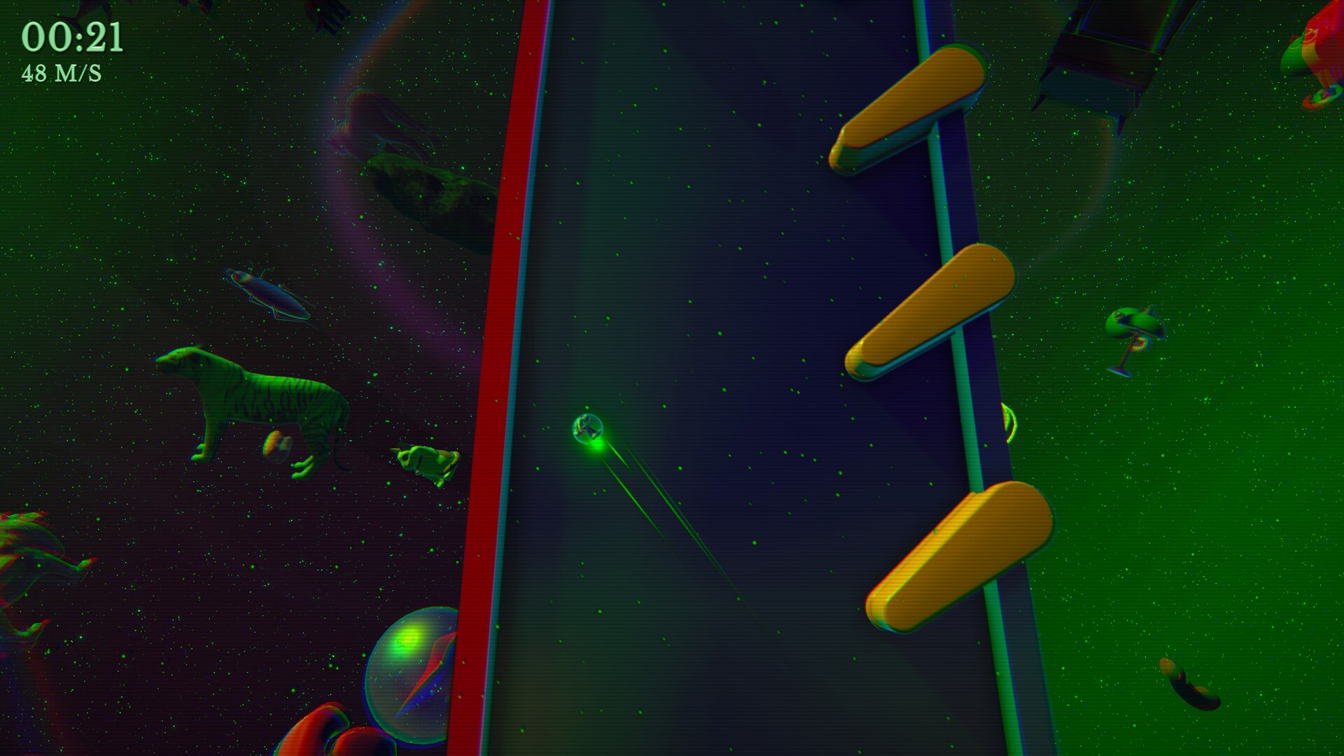 Entorno surrealista del juego con elementos flotantes