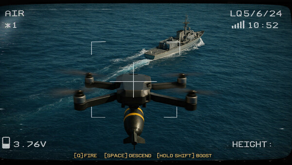 Screenshot of FPV Kamikaze Drone Simulator gameplay showing in-action mechanics