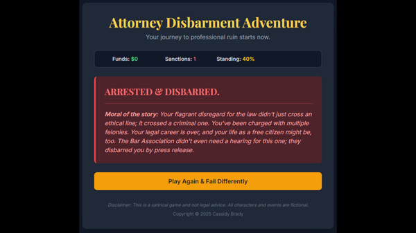 Screenshot of Attorney Disbarment Adventure gameplay showing in-action mechanics