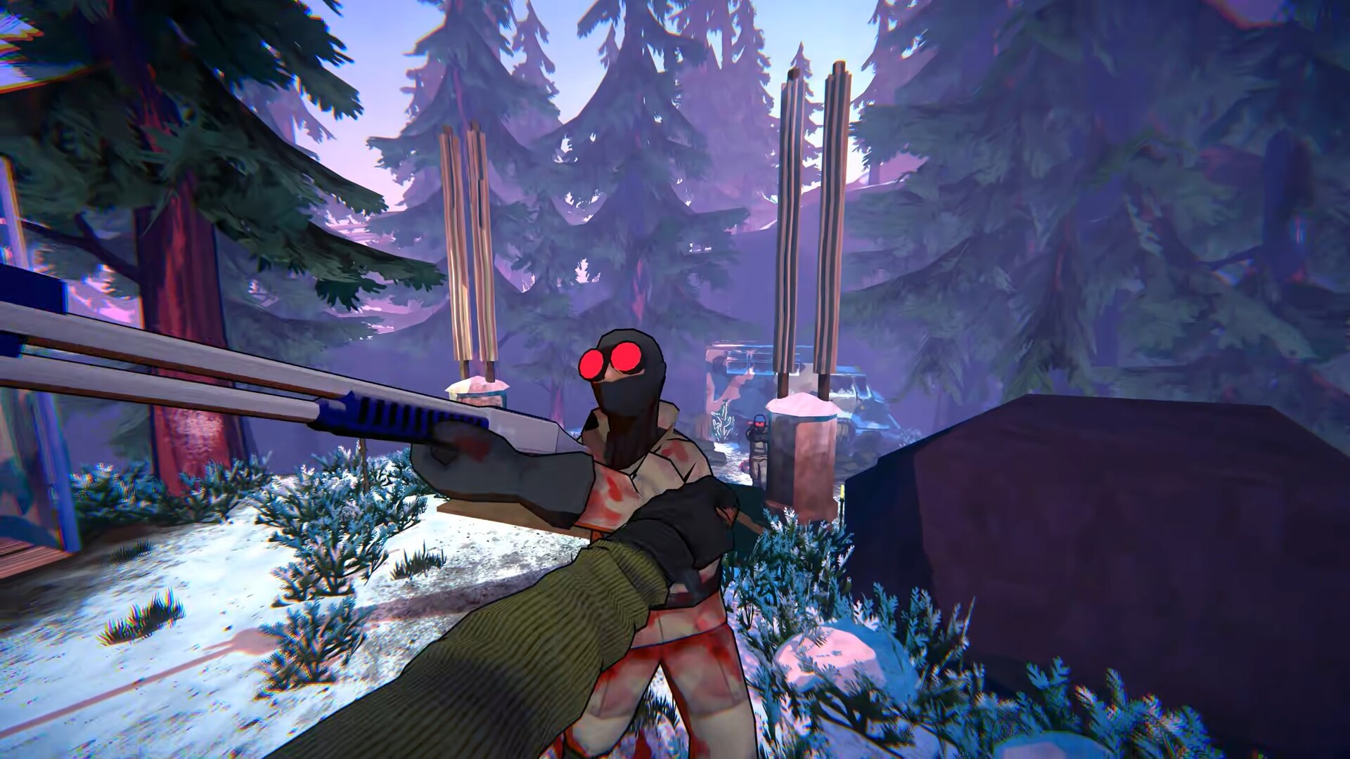 First-person view of a gloved hand leveling a pump shotgun at a masked soldier with glowing red goggles in a snowy forest camp in I Am Your Beast VR