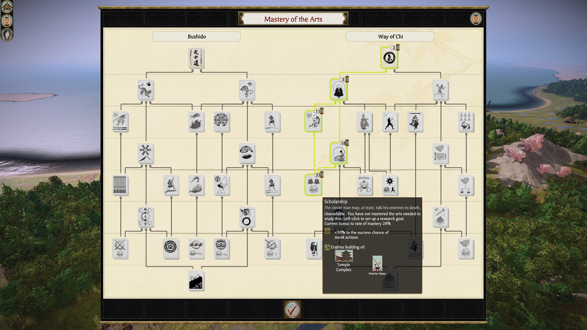 The Mastery of the Arts research board in Total War: SHOGUN 2, showing the Bushido and Way of Chi branches with a tooltip open on the Scholarship art