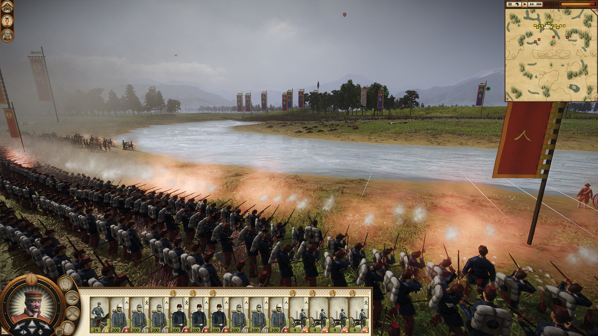 A long line of Imperial riflemen fires a volley across a riverbank in the Fall of the Samurai campaign of Total War: SHOGUN 2