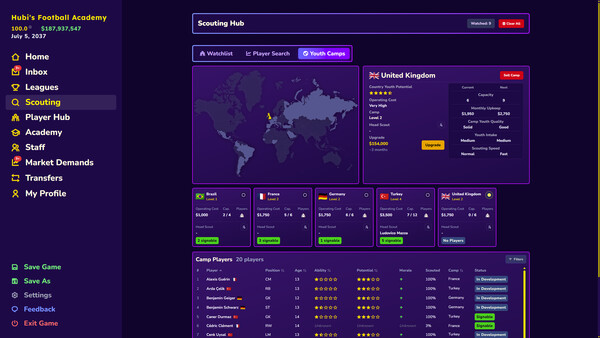 Screenshot of Football Academy Manager gameplay showing in-action mechanics