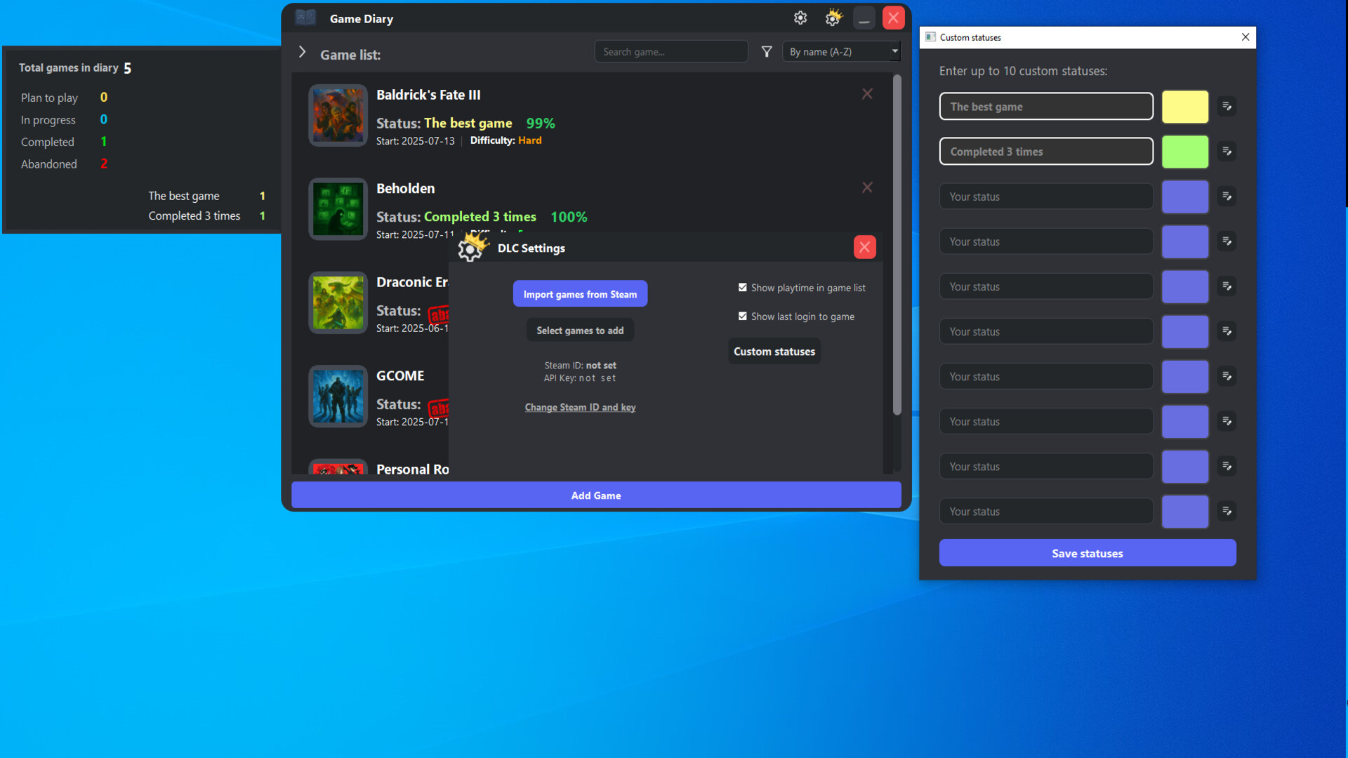 #2. Game Diary Plus (Steam) Av: SugarCane