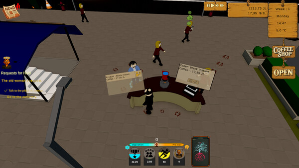Screenshot of Life in Jasskia: a Coffee Shop gameplay showing in-action mechanics
