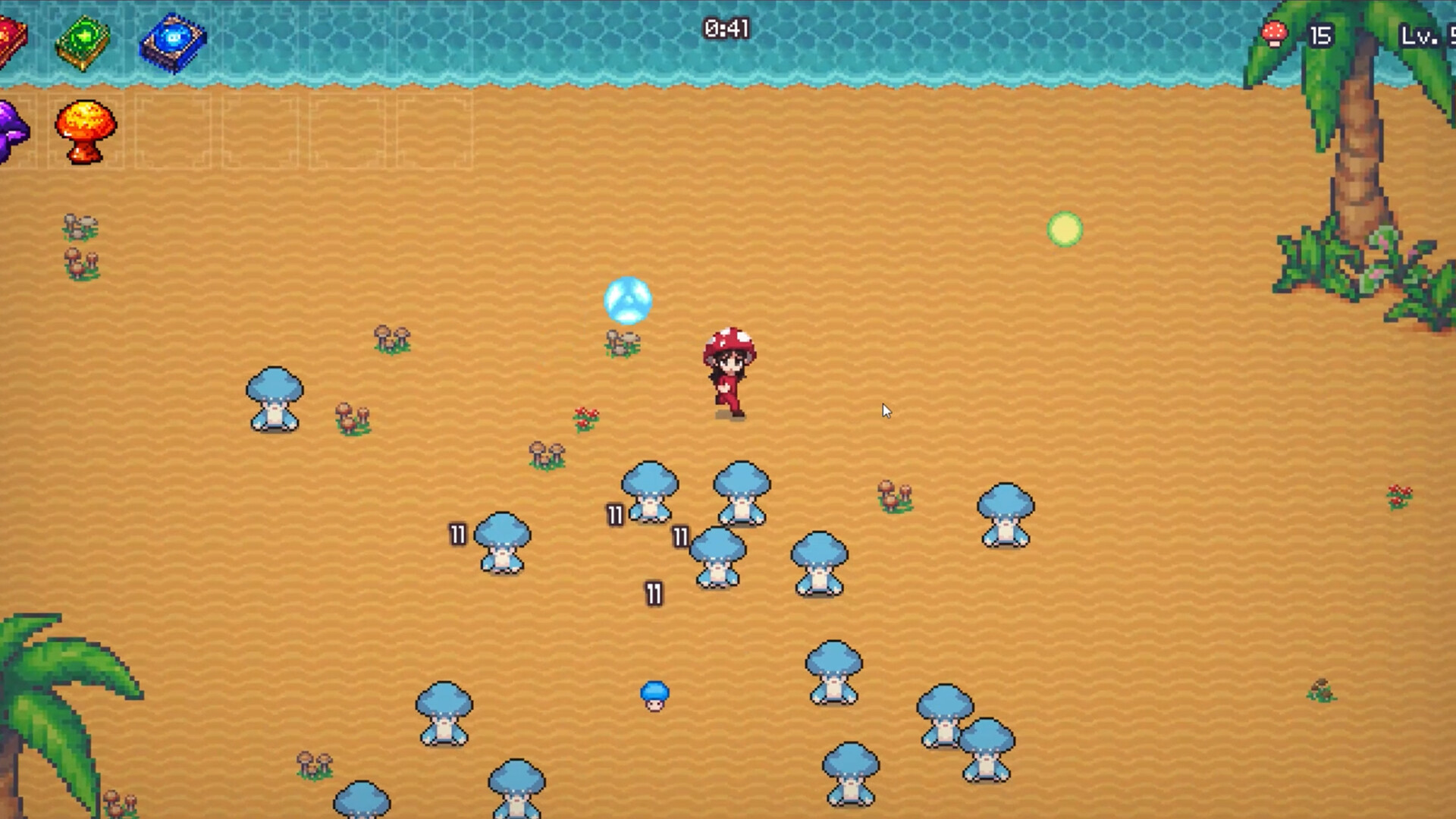 The image shows a pixelated video game scene set on a sandy beach with a wavy water border at the top. In the center stands a small character wearing a red outfit and a red-and-white spotted mushroom cap. Surrounding the character are multiple small, blue mushroom-like creatures grouped together, some marked with the number "11." There are also various small plants and flowers scattered across the sand, and palm trees are visible on the left and right edges of the scene. The game interface displays icons and a timer at the top of the screen.