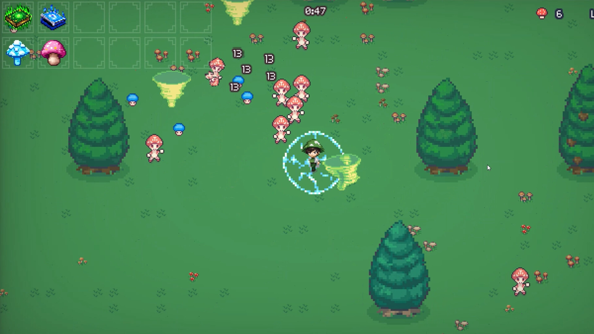 The image shows a pixel art style video game scene set in a grassy area with several large evergreen trees scattered around. In the center, a character wearing a green hat is surrounded by a blue circular aura and a small yellow whirlwind, facing a group of small mushroom-like creatures with pink caps and humanoid bodies that have the number 13 displayed above some of them. Smaller blue mushroom creatures are also present among the group. In the top left corner, there are icons representing different colored mushrooms, while a timer showing 0:47 is centered at the top. The environment is dotted with small clusters of mushrooms and patches of different grass shades.