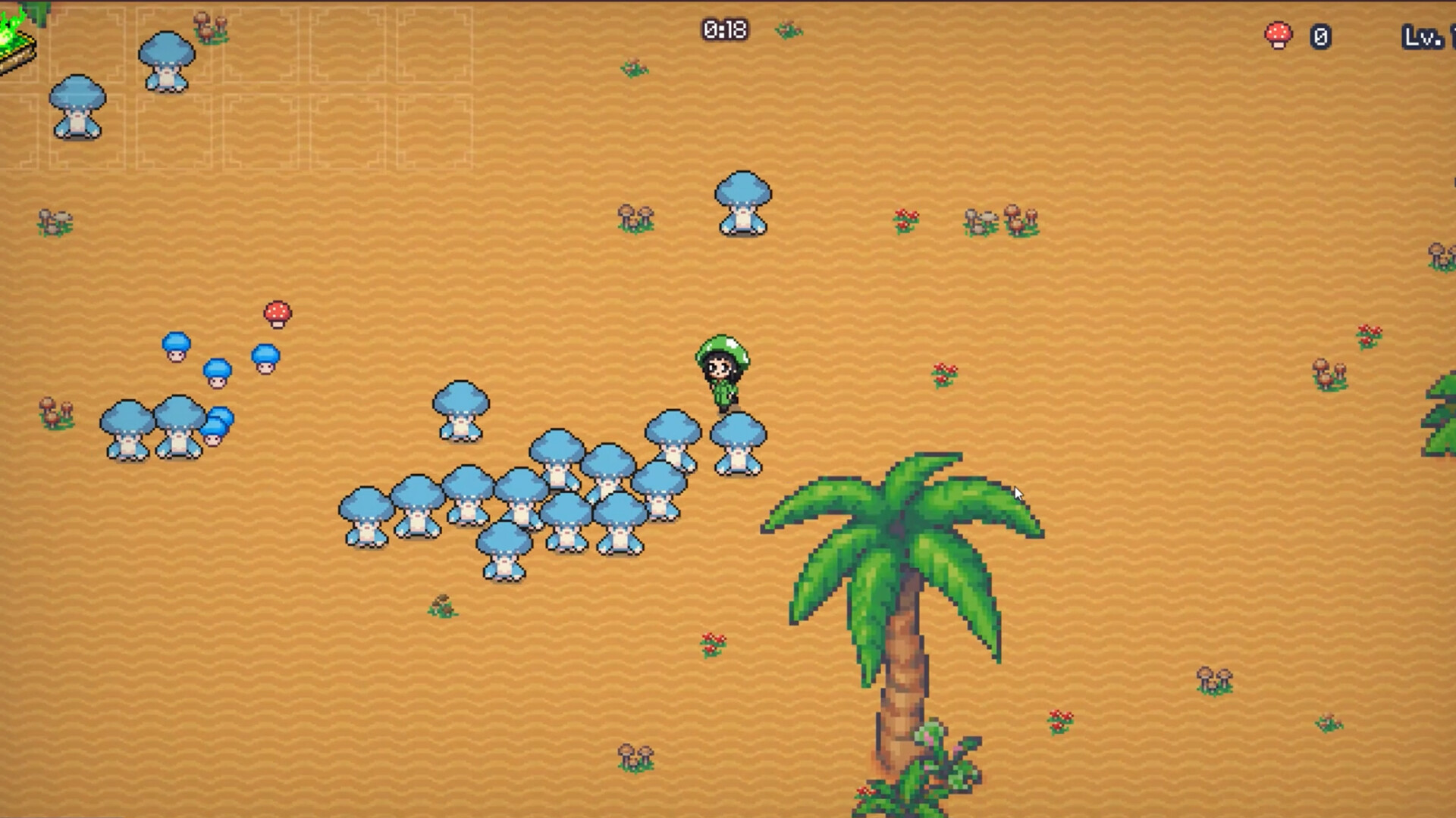 The image depicts a pixel art scene from a video game featuring a character standing among numerous blue mushroom-like creatures on a sandy terrain. The character, dressed in green with a large mushroom cap helmet, is positioned near the center of the image, surrounded mostly by the blue mushrooms, with a few smaller blue and red mushroom icons scattered nearby. In the lower right corner, there is a pixelated palm tree, and various small plants and clusters of mushrooms are scattered across the sandy background, which has a wavy pattern. A timer is displayed at the top center of the screen, and game interface elements such as a mushroom counter and level indicator appear at the top right.