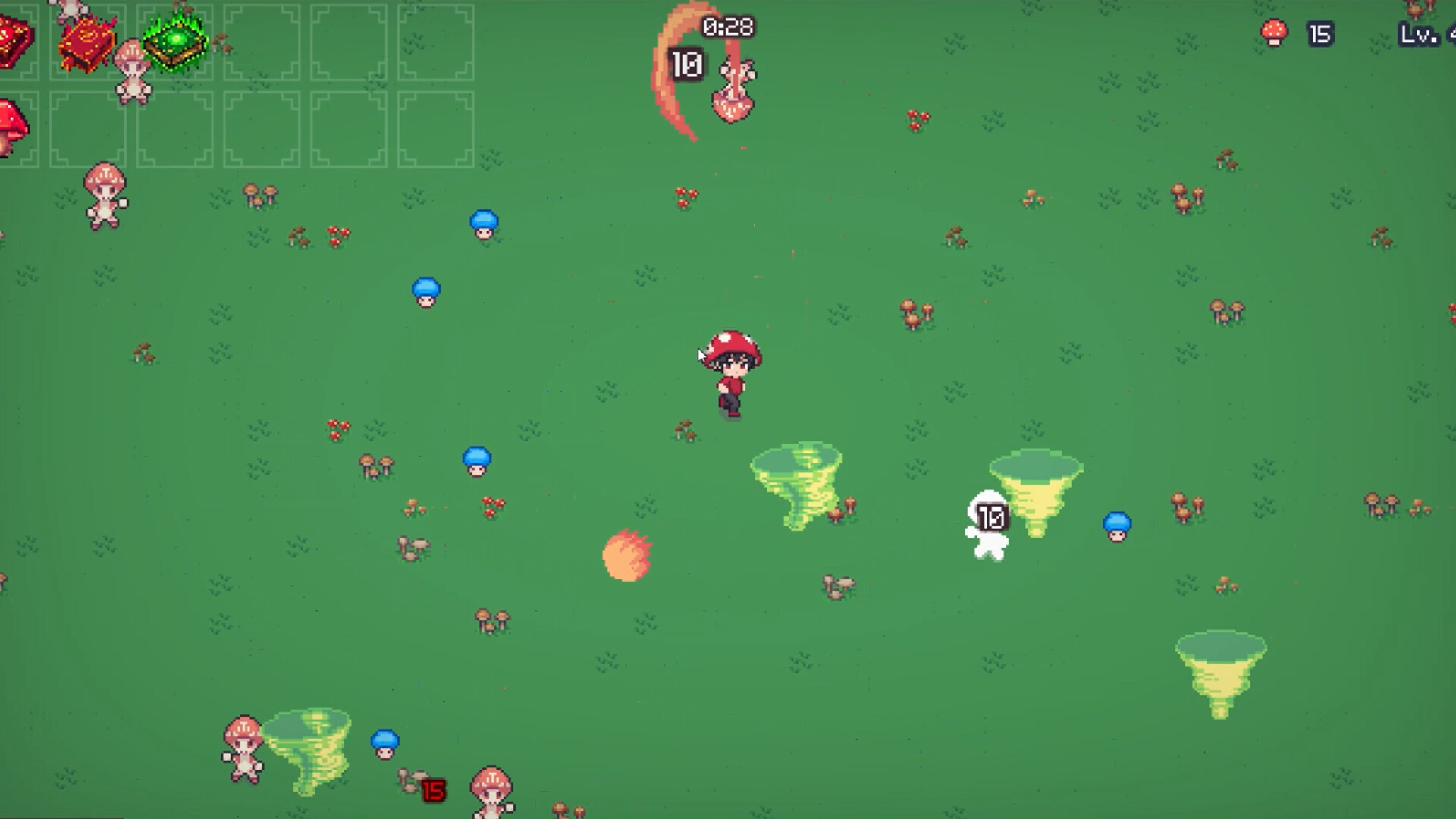 The image shows a top-down view of a pixel art style video game scene set on a green grassy field scattered with small clusters of mushrooms in various colors, including brown, red, and blue. In the center, a character wearing a red mushroom cap and dark clothes stands surrounded by several blue mushroom-headed creatures and tornado-like spirals of greenish-yellow energy. Two other characters resembling humanoid mushrooms with pink caps and white bodies are positioned on the left and bottom side of the screen. Game interface elements such as timers, level indicators, and counters for collected items are visible along the edges of the screen.