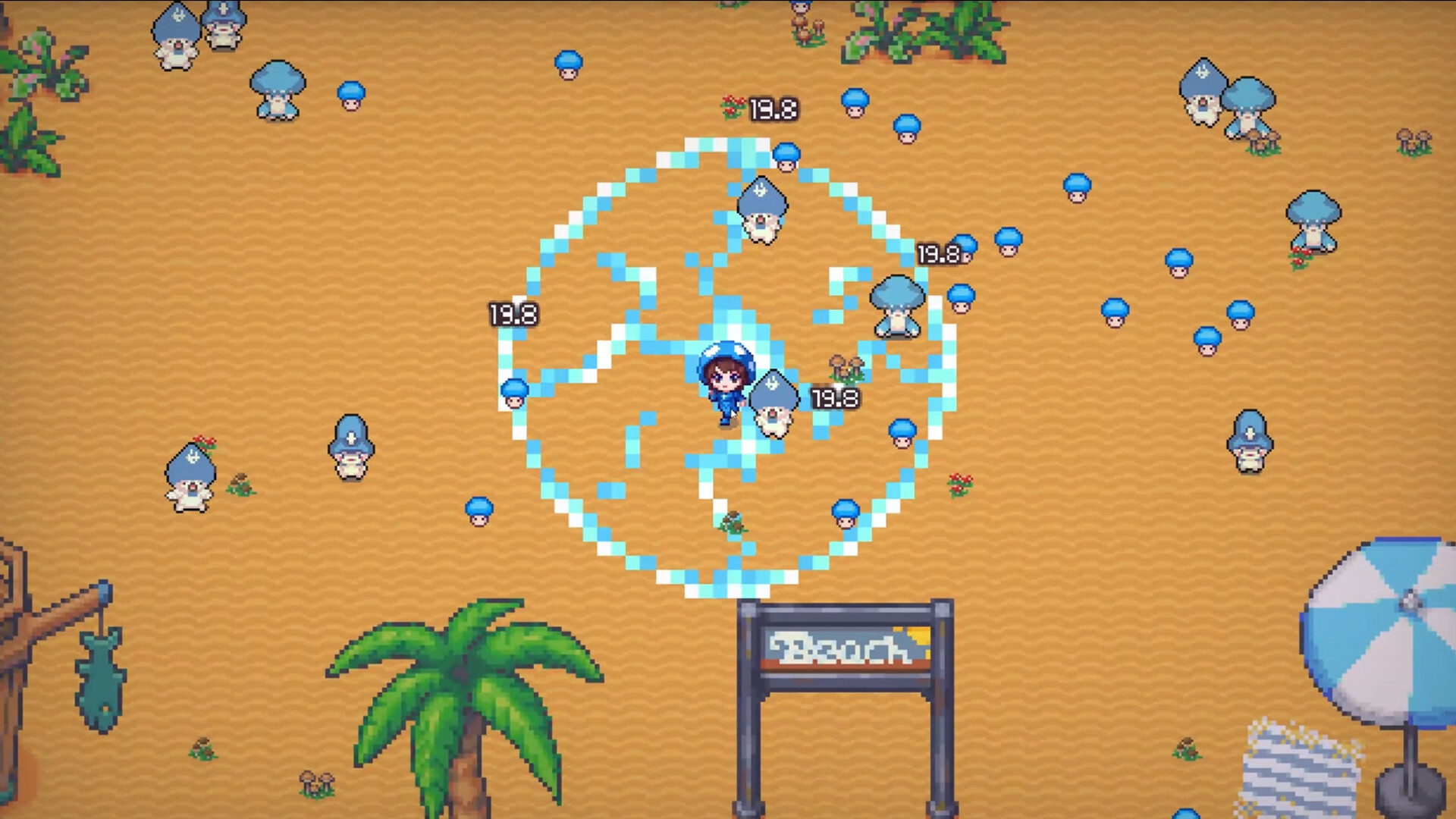 The image shows a pixel-art style beach scene with a sandy background. In the center, a character dressed in blue stands surrounded by multiple small blue mushroom-like creatures and some larger ones wearing blue caps with white symbols. There is a light blue circular pattern made of pixel blocks around the central character, with numeric labels "19.8" appearing multiple times near the larger mushrooms. The bottom right corner features a beach umbrella with blue and white stripes and a stack of what looks like towels or blankets, while the bottom center shows a signpost labeled "Beach." Scattered greenery, small flowers, and palm trees are also visible across the scene.