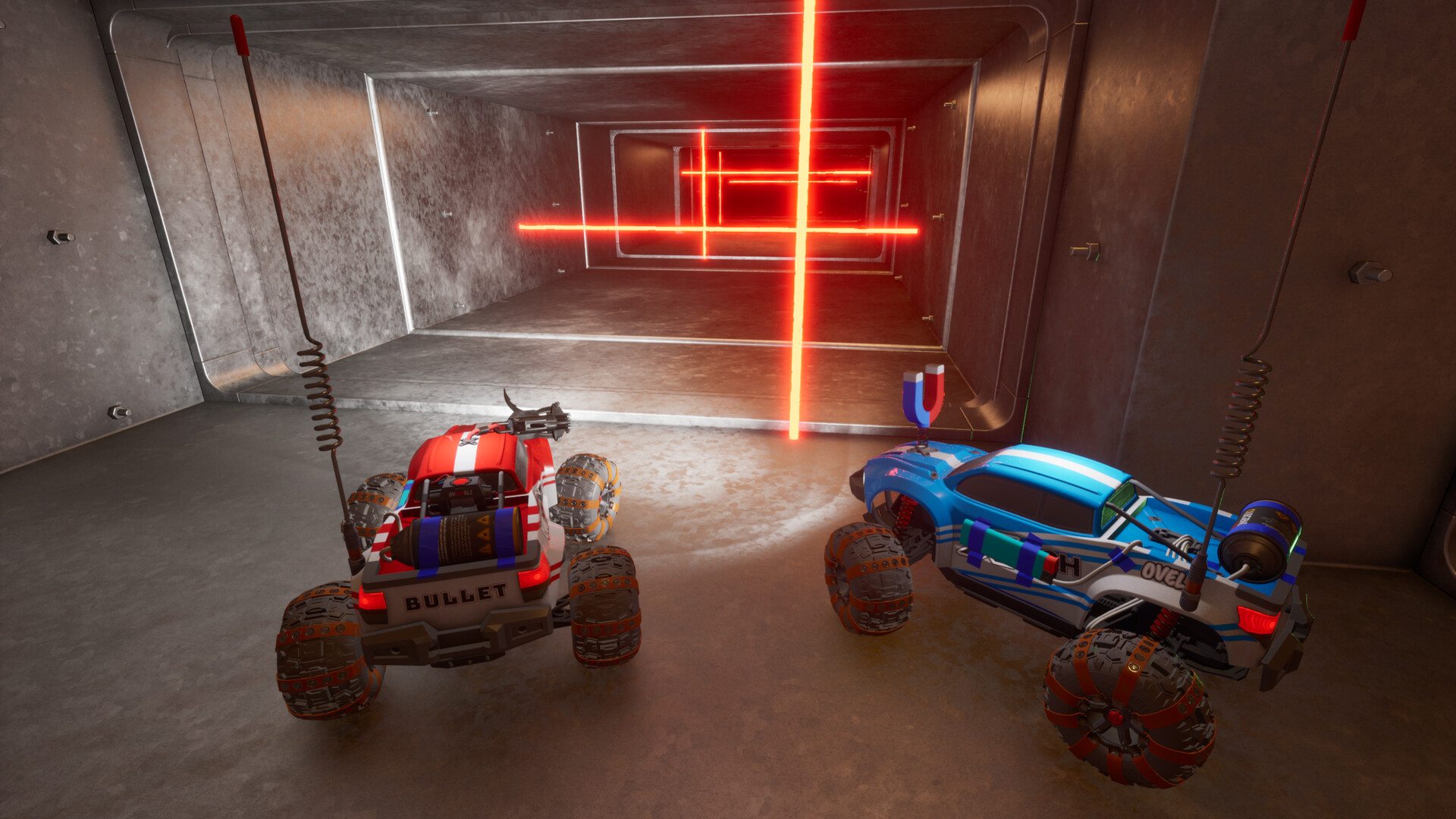 Metal pipe corridor with a red laser grid trap