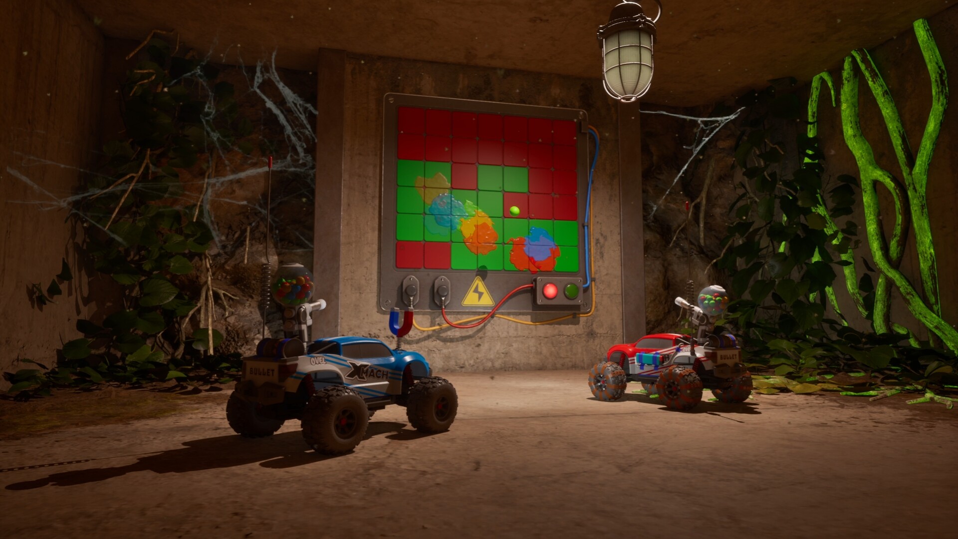 Red and green grid puzzle wall with a rolling ball, tied to the Void puzzle