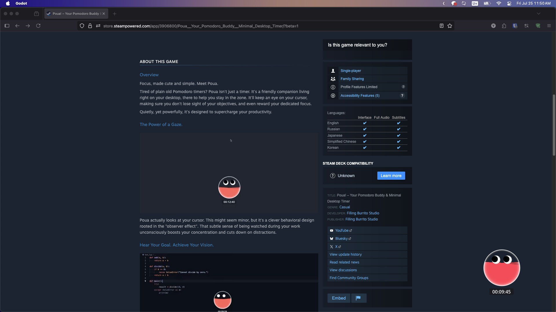 #3. Poua! – Your Pomodoro Buddy & Minimal Desktop Timer (Steam) 由: Filling Burrito Studio