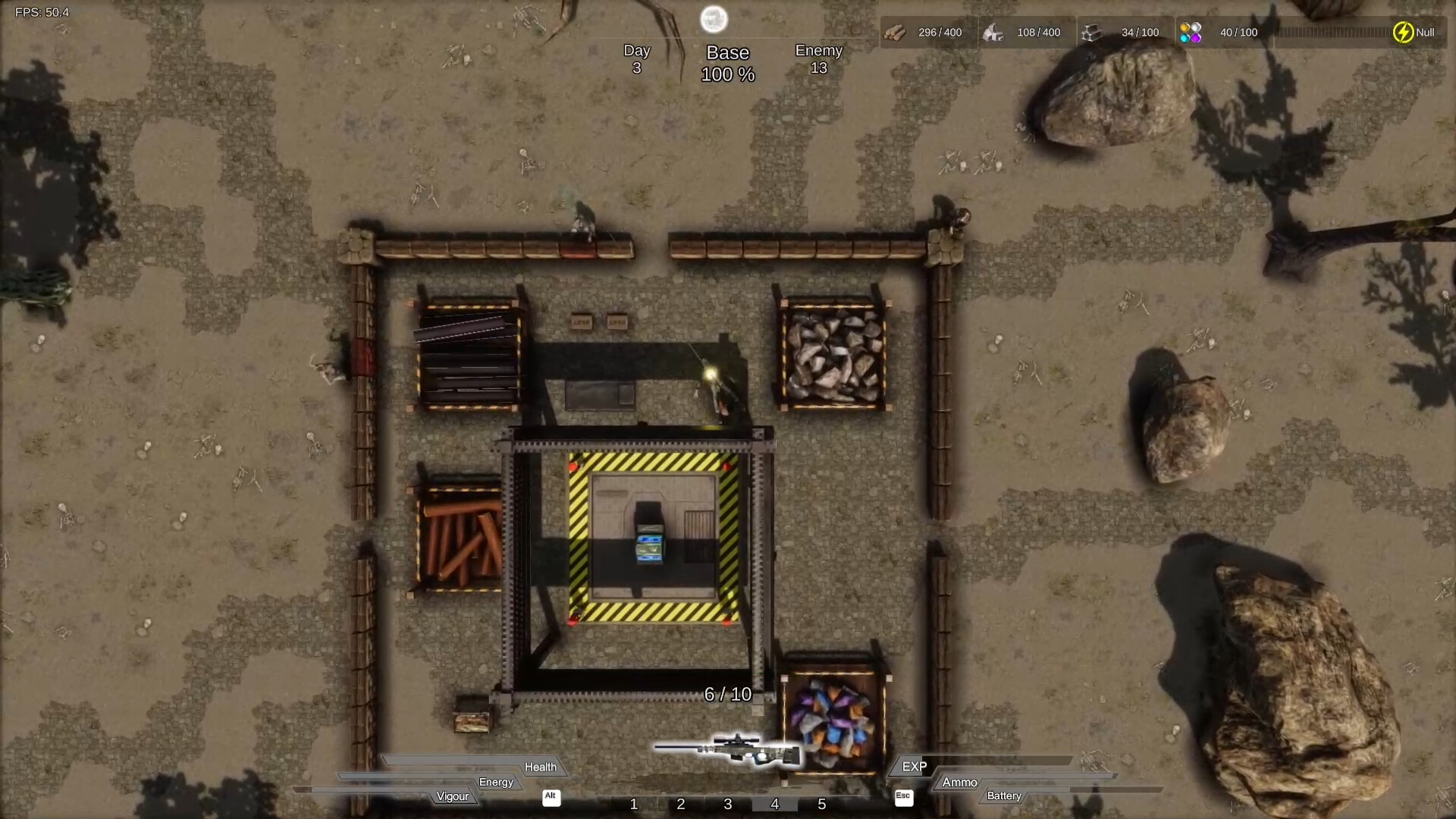The image shows a top-down view of a video game scene featuring a fortified base surrounded by a wooden barricade. Inside the base, there are four storage areas containing different materials such as logs, rocks, and colorful items, arranged around a central structure marked with yellow and black caution stripes. A character holding a weapon is positioned near the upper barricade, while enemies appear to be approaching from outside the base, which is set in a barren landscape with scattered rocks and sparse trees. Various game interface elements display information such as resources, health, ammunition, and the current day in the game.