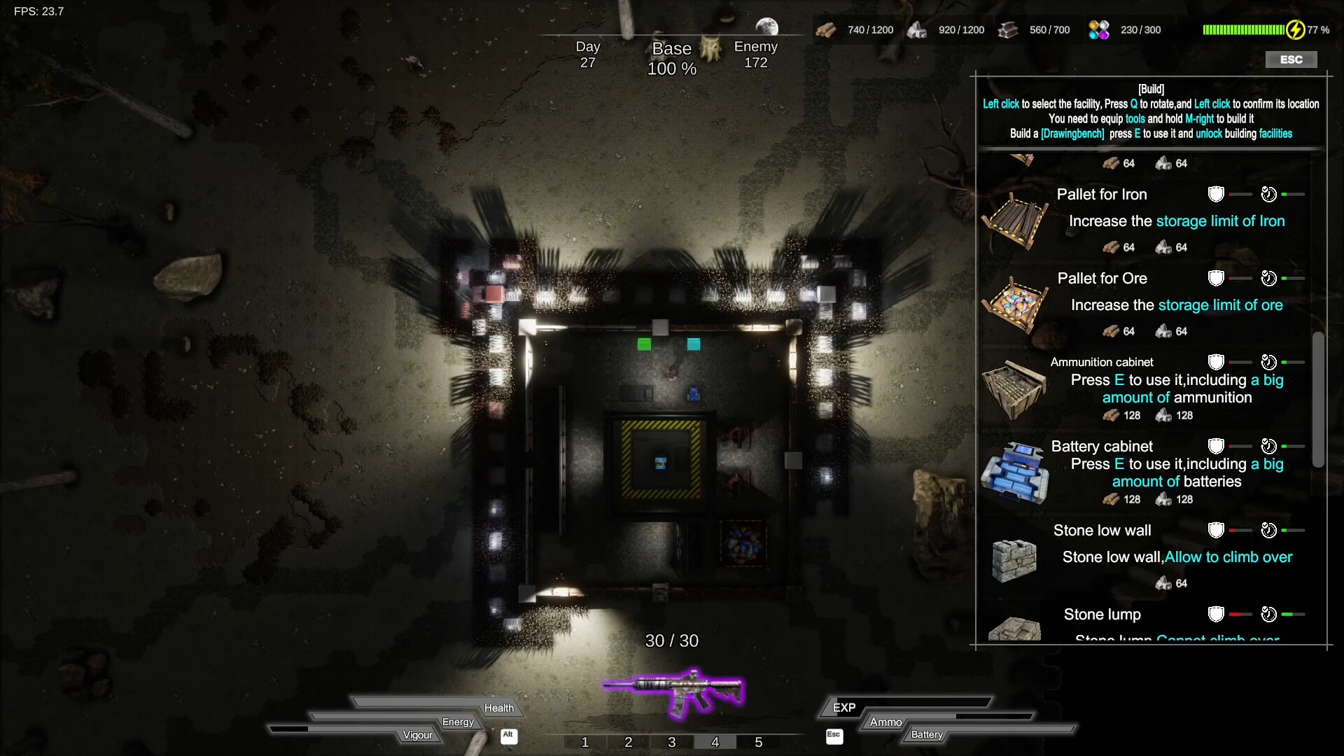 The image shows a top-down view of a fortified base at night within a video game interface. The base is square-shaped and surrounded by tall walls with multiple illuminated towers casting long shadows onto the ground. Inside the base, various structures and items are visible under bright spotlights, with a central platform marked with caution stripes. On the right side of the screen, there is a menu listing buildable items such as pallets for iron and ore, ammunition and battery cabinets, and stone walls, each accompanied by descriptions and resource requirements. The game HUD displays information including day number, base and enemy status, resource quantities, player health, energy, and equipped weapon details at the bottom center.