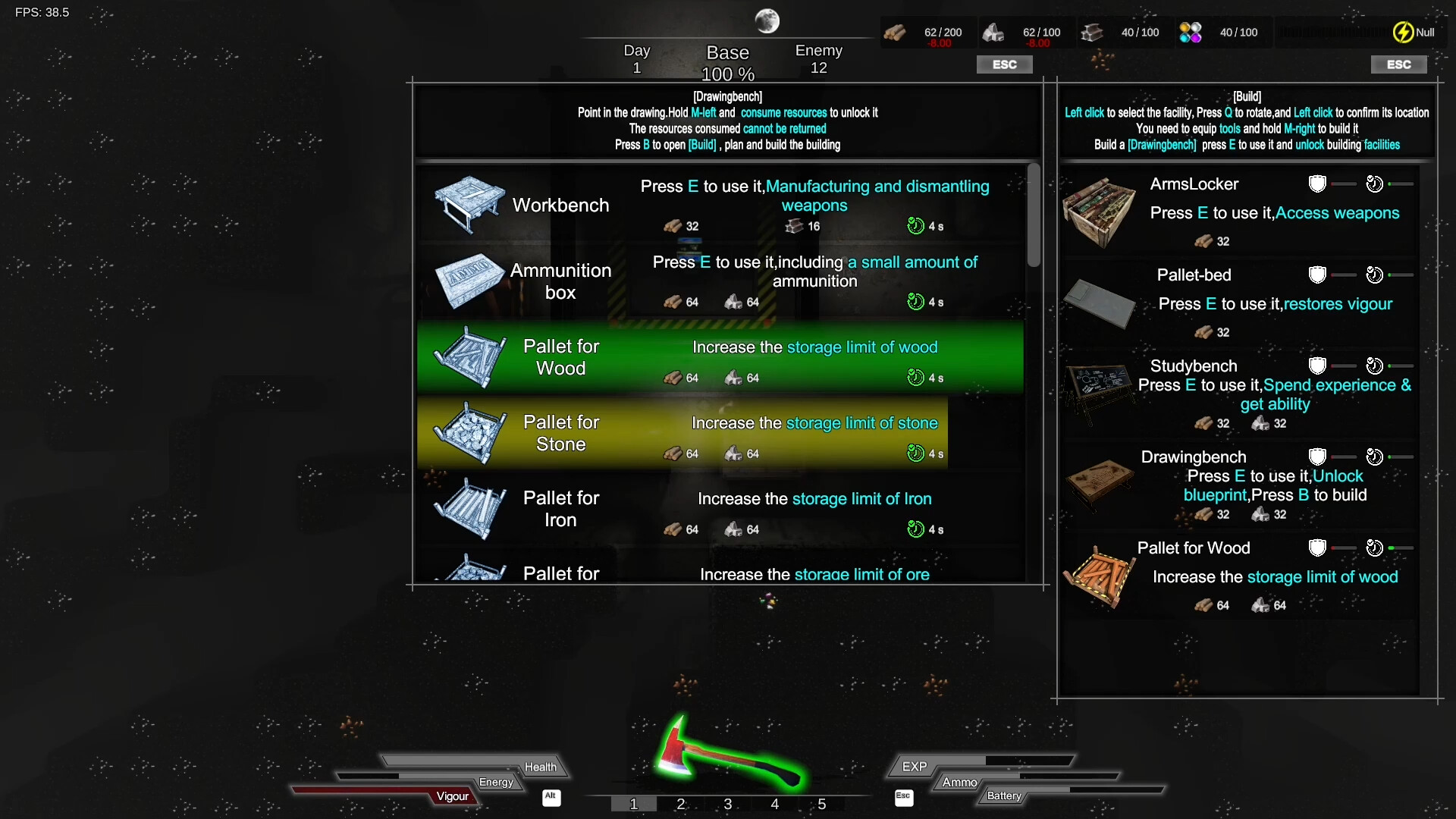The image shows a video game interface focused on a building or crafting menu with various construction options listed. The central panel displays items such as Workbench, Ammunition box, Pallet for Wood, Pallet for Stone, and Pallet for Iron, each accompanied by icons, resource costs, and descriptions like 'Increase the storage limit of wood' or 'Manufacturing and dismantling weapons.' On the right side, another menu lists buildable facilities including ArmsLocker, Pallet-bed, Studybench, and Drawingbench, with instructions on how to select and build them. The top of the screen shows game status info such as day count, base health at 100%, enemy count, and resource quantities. The background is dark with scattered small illuminated spots resembling a night landscape or space.