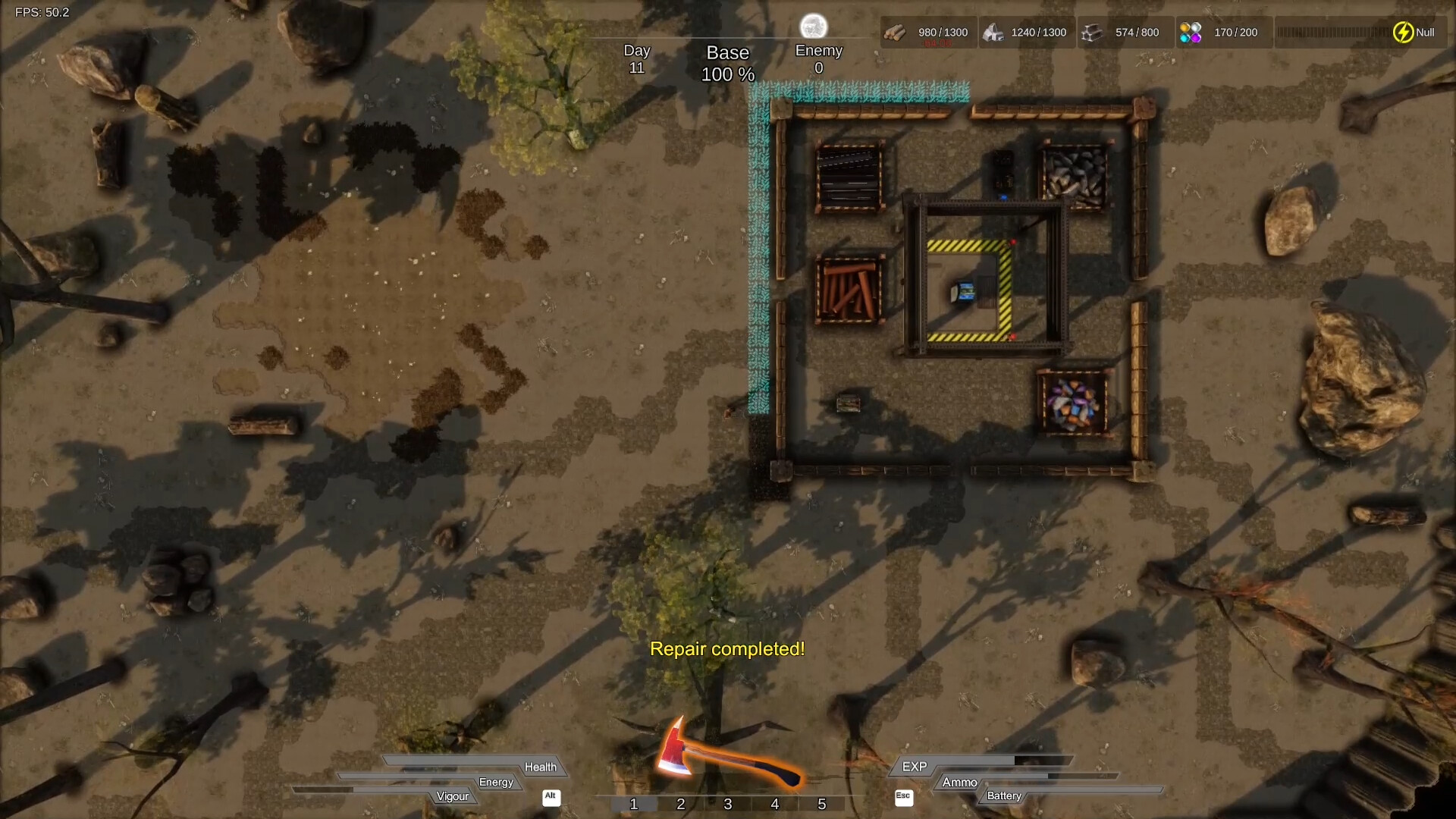 The image shows a top-down view of a video game environment featuring a small fortified base surrounded by defensive walls, with various resource storage areas inside. The base is positioned on a barren, dirt-covered terrain scattered with rocks, tree shadows, and sparse vegetation. Game interface elements are visible at the top and bottom of the screen, displaying resource counts, player stats, and a notification in the center reading 'Repair completed!' alongside an icon of a red axe. The day count is shown as 11, with the base health at 100% and no enemies present.