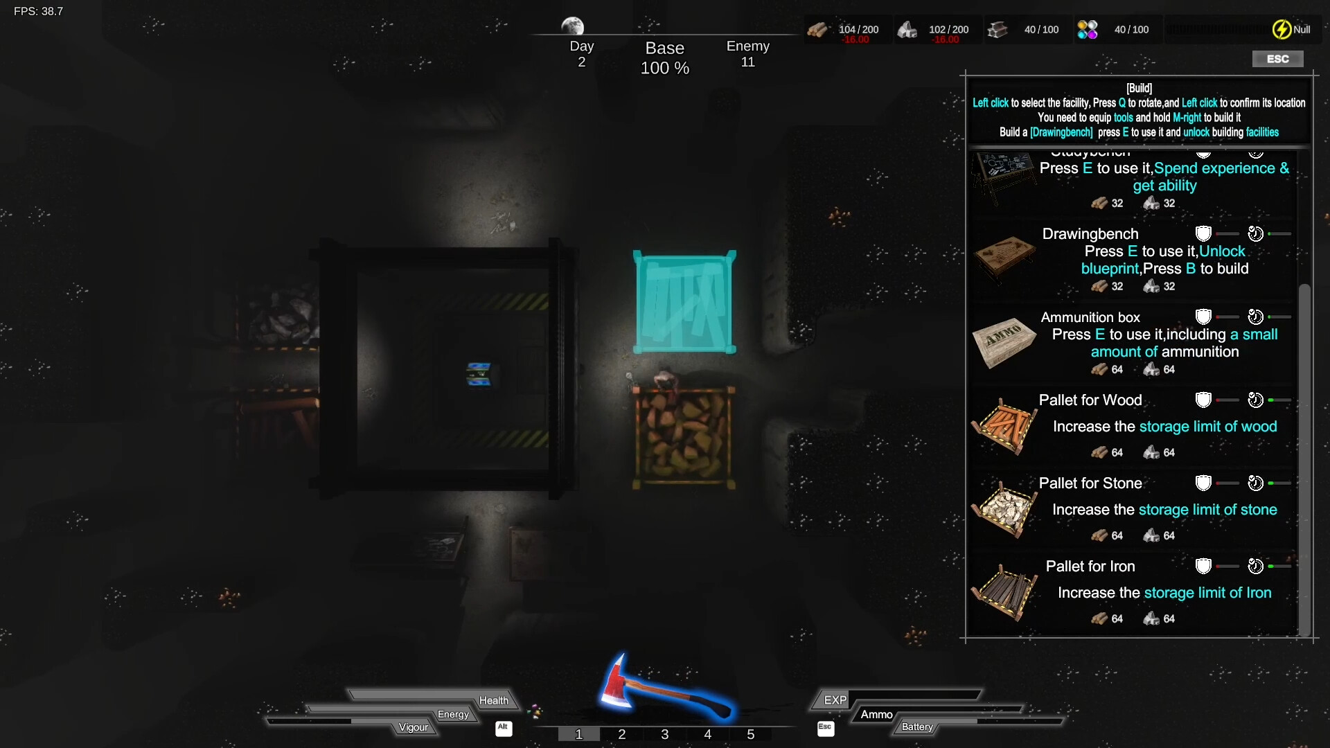 The image shows a top-down view of a dark, dimly lit game environment resembling an underground or mining area. At the center, there is a character standing next to two pallets, one filled with wood and the other highlighted in blue, possibly indicating a building or placement option. To the right side, a detailed in-game menu displays various buildable items like a drawing bench, ammunition box, and pallets for wood, stone, and iron, each with resource requirements and usage instructions. The game interface at the top displays statistics including day count, base health at 100%, and enemy count, along with resource inventories, while the bottom shows health, energy, experience, and equipped items, including a glowing blue and red axe.