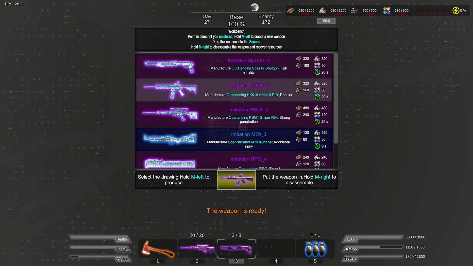 The image shows a crafting menu from a video game, focusing on the production of different weapons at a workbench. The menu lists several weapons with glowing outlines, including a shotgun, assault rifle, sniper rifle, launcher, and RPG, each with respective resource costs and crafting times. At the top, information about the game day (27), base health (100%), and enemy count (172) is displayed, along with the player’s resource inventory. Below the crafting options, instructions for producing or disassembling weapons using mouse controls are provided, and a message states 'The weapon is ready!' The screen also shows player status bars for health, energy, vigor, experience, ammo, and battery.