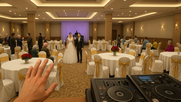 Screenshot of Wedding Hall Simulator gameplay showing in-action mechanics