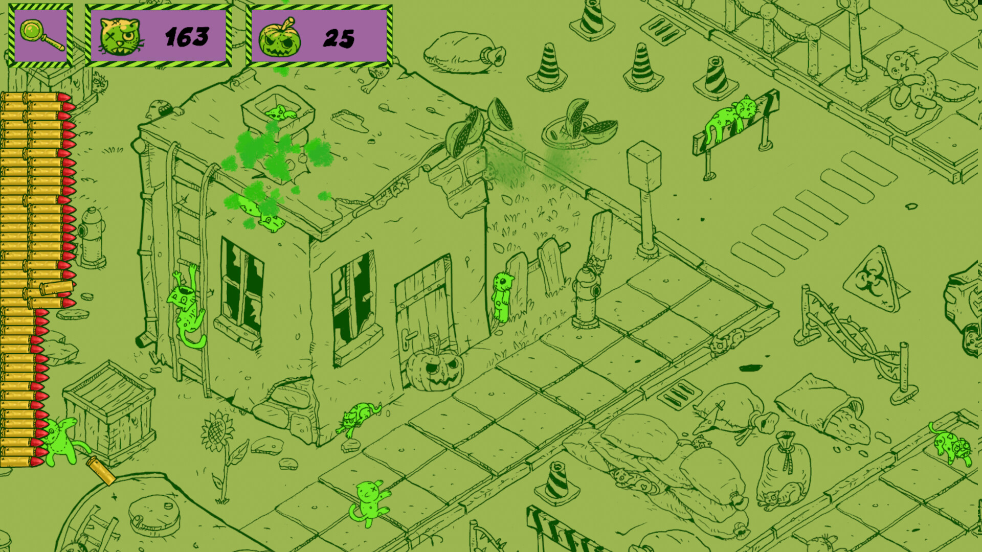 The image depicts a green-tinted, hand-drawn cartoon scene of a small, rundown building in an urban setting. Several small cat-like creatures, all green with simple features, are scattered around the scene-some climbing ladders on the building, others walking on the sidewalk or hiding behind objects. The building has broken windows, a pumpkin with a carved face beside the door, and a rooftop where one creature is splattered with a green substance. Surrounding the building are various street elements like traffic cones, sandbags, and a fire hydrant. On the left side of the image, there is a user interface displaying a magnifying glass icon, two counters with cat and pumpkin icons, and an array of bullets lined up vertically. The scene gives the impression of a tactical or puzzle game involving these creatures.