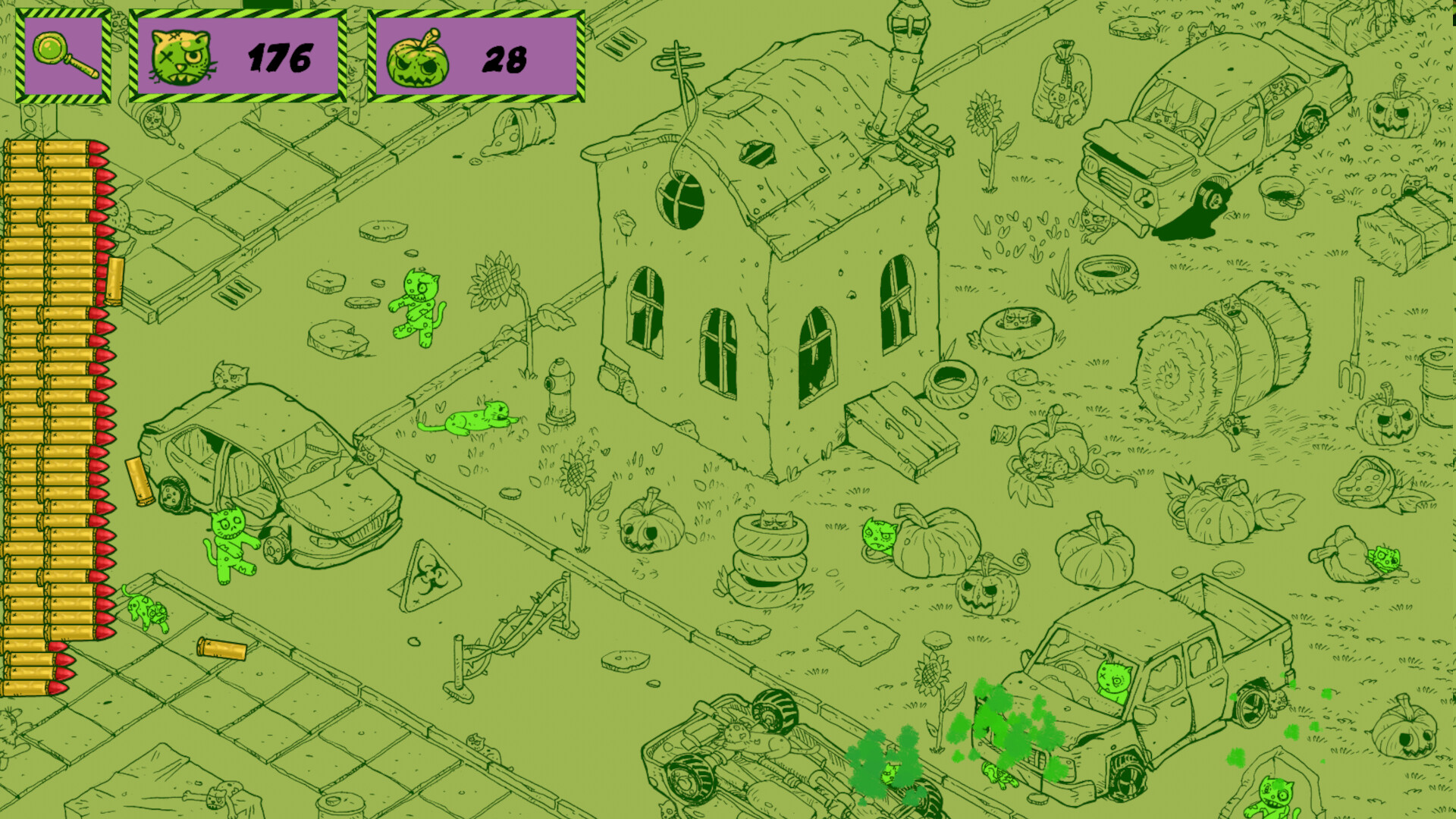 The image depicts a detailed, hand-drawn scene of a rundown neighborhood with cracked sidewalks, abandoned cars, and an old, dilapidated house in the center. Scattered throughout the area are various pumpkins-some carved like jack-o’-lanterns-and multiple small, green cat-like creatures are visible interacting with the environment, such as sitting inside vehicles or climbing on objects. The left side of the image shows a vertical row of red-tipped bullets, while the top displays purple rectangular panels with icons and numbers, suggesting a video game interface.