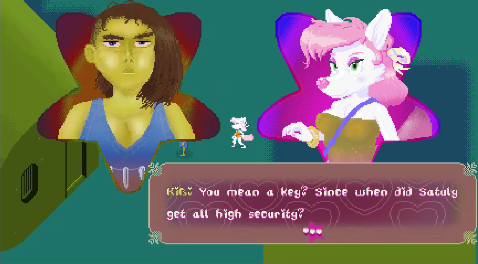 Busts of the heroine interacting with a villager, in order to gather clues