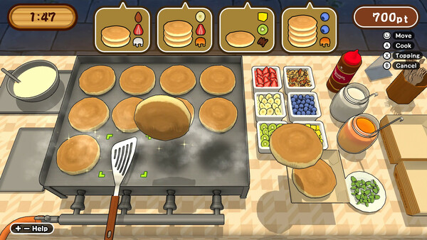 Screenshot of Make it! Pancakes gameplay showing in-action mechanics