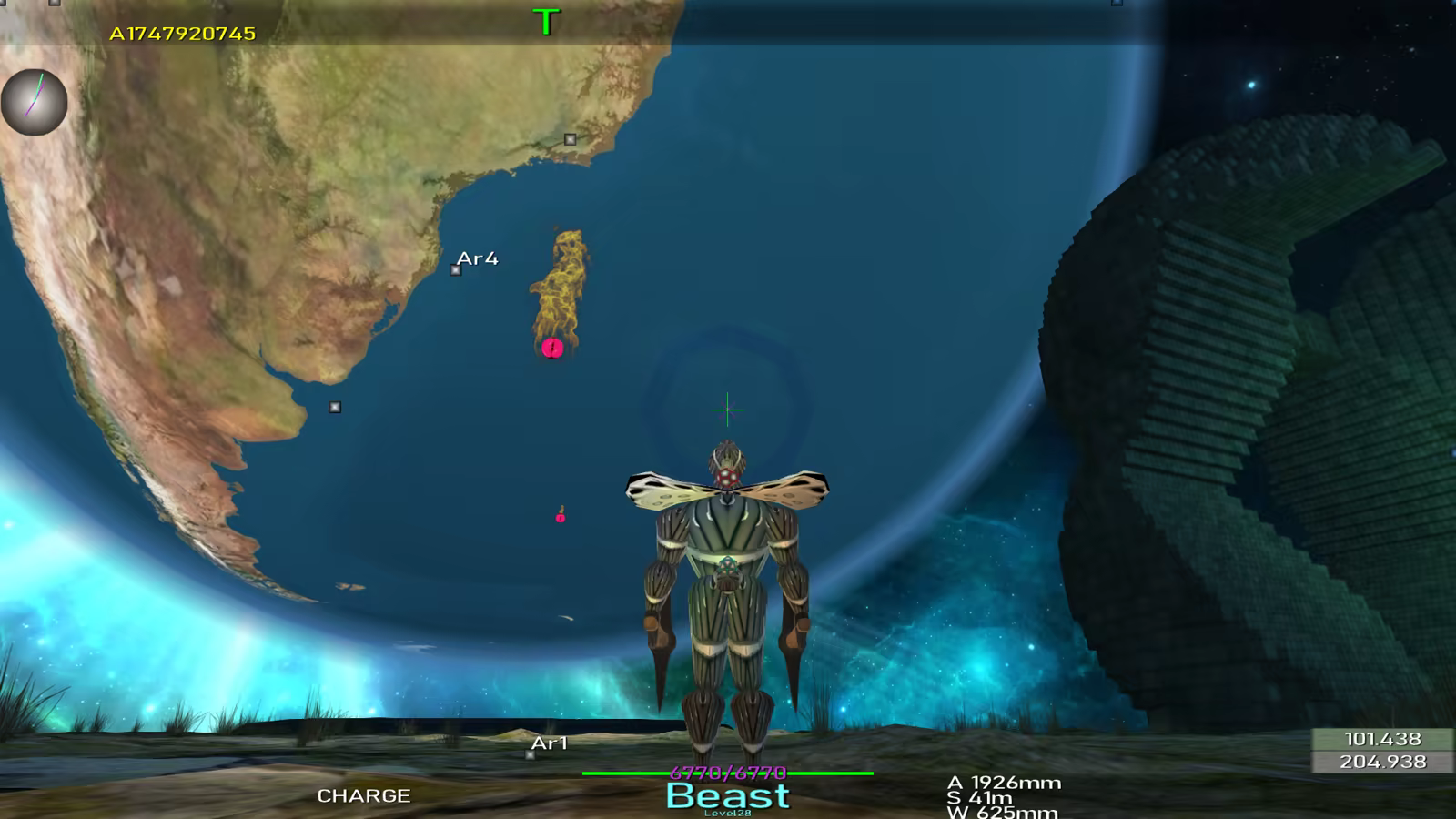 End game Avatar standing on an AST in outer spece.