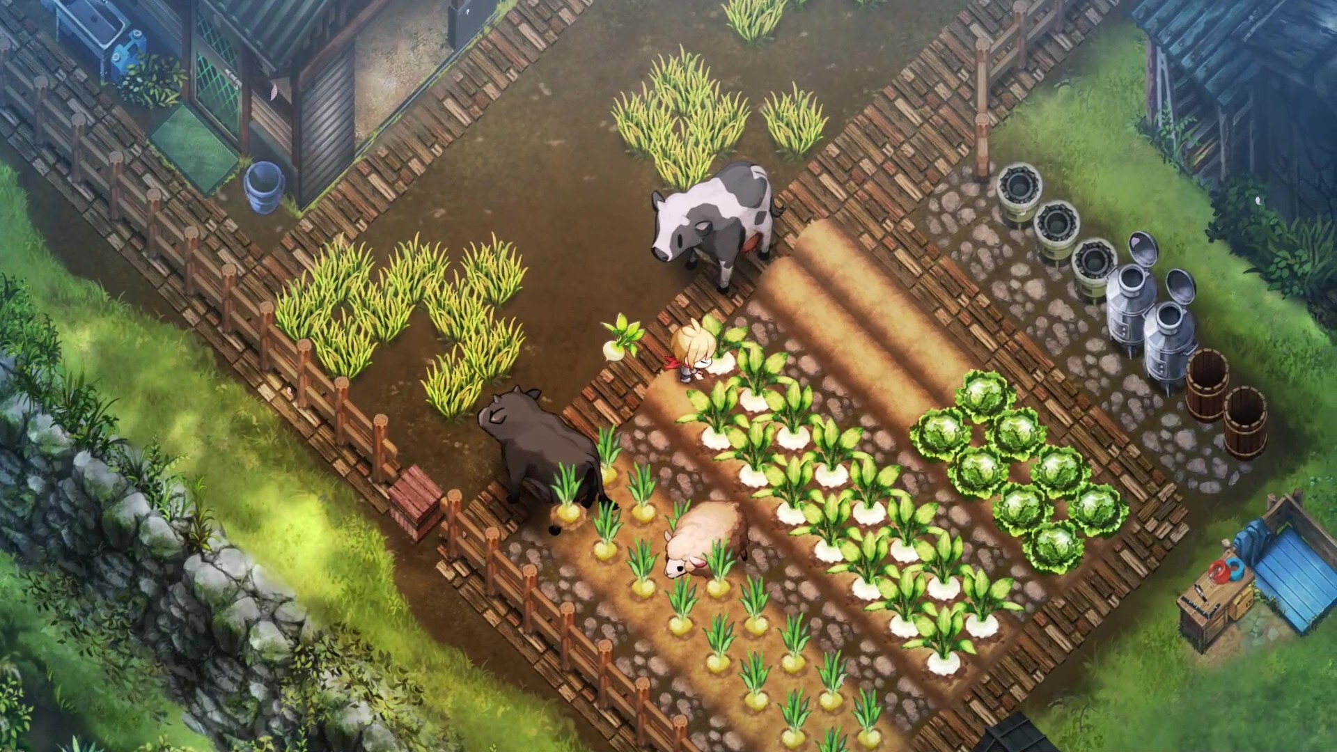 ほの暮しの庭 のゲーム画面。手描き風グラフィックの田舎の風景