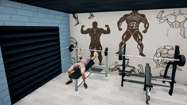 Screenshot of Bodybuilder Simulator gameplay showing in-action mechanics
