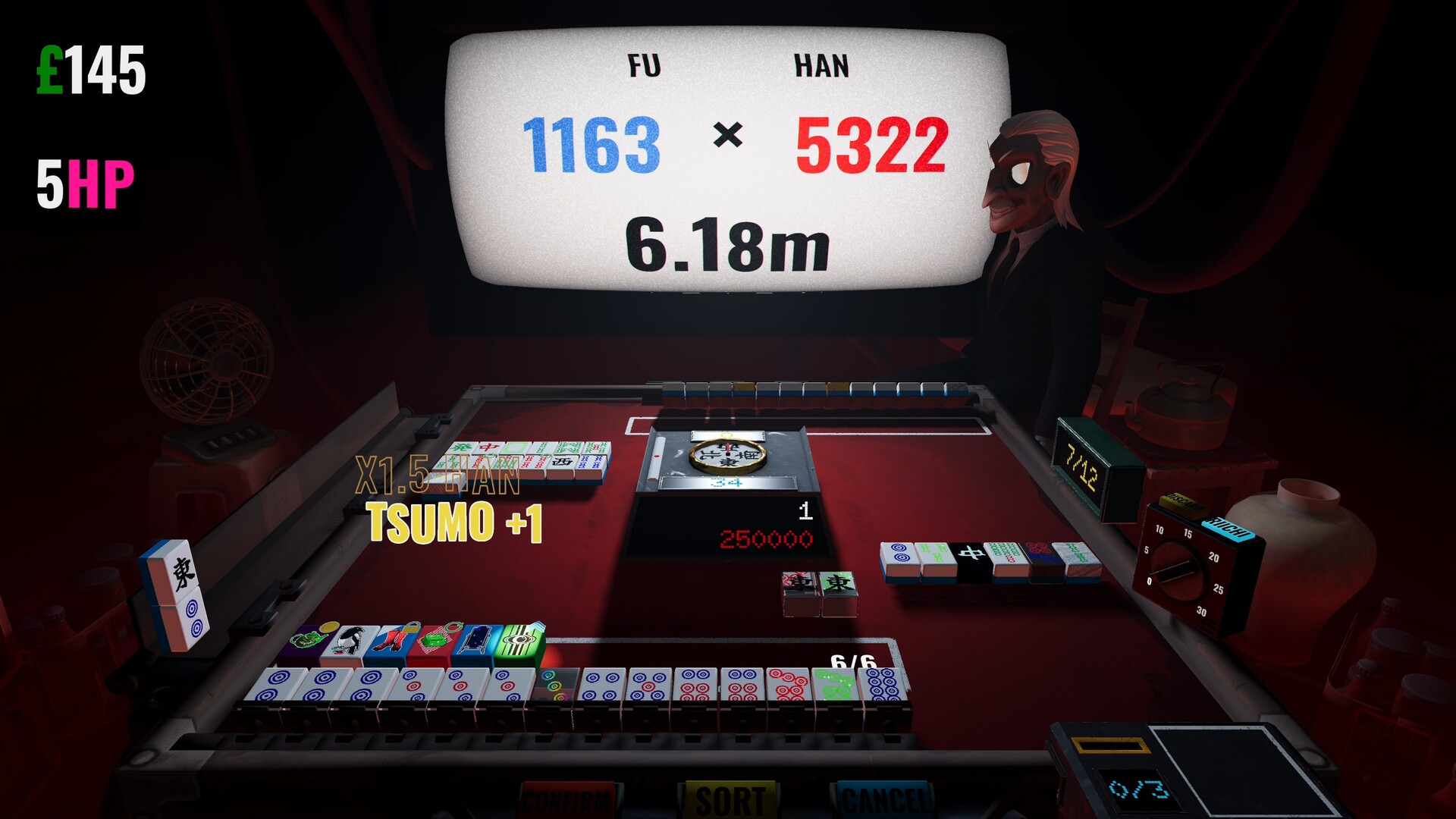 A riichi mahjong table with score multipliers in Hell Wait