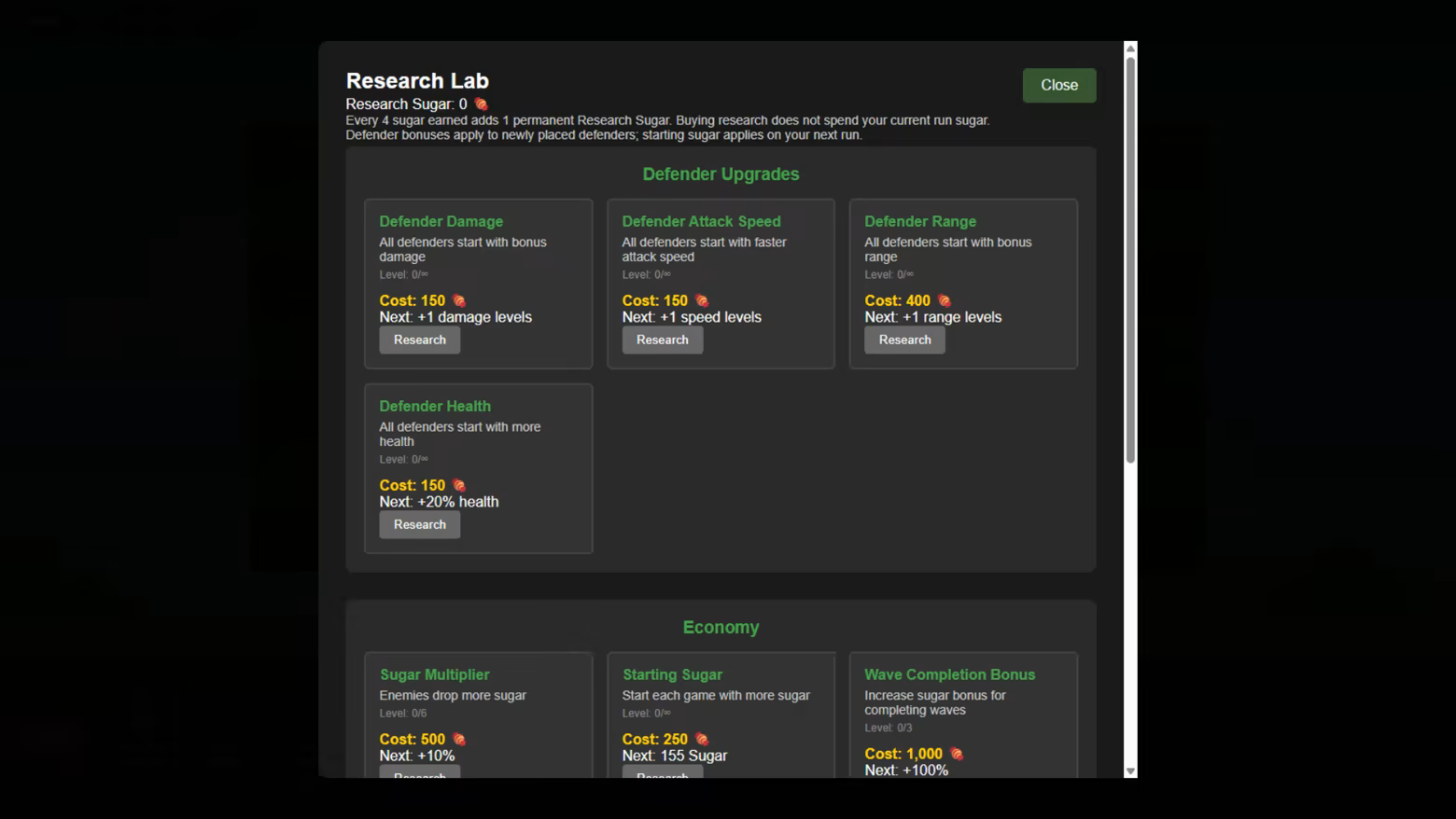 Research Lab showing permanent defender damage, attack speed, range and health upgrades, their Research Sugar costs, and economy research below.