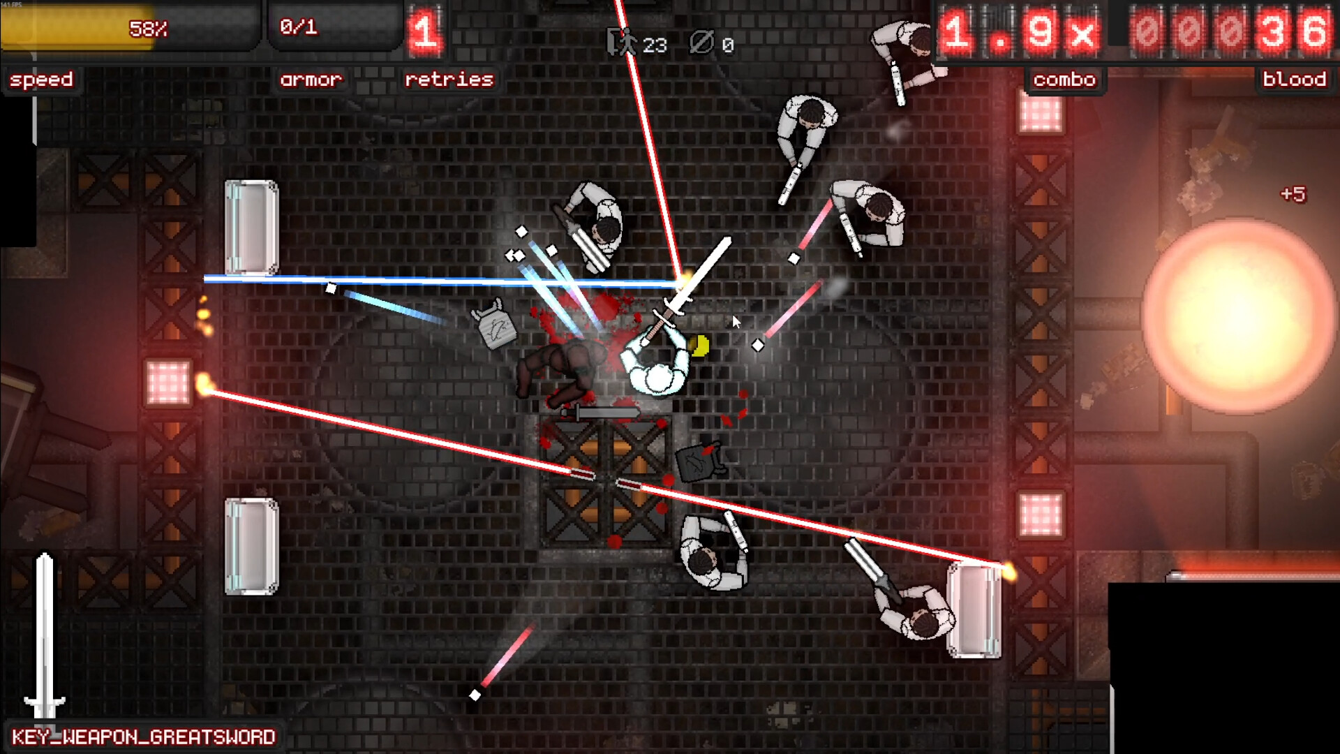 Official KILLSEC screenshot: a white armored fighter swings a greatsword in a dark grated lab while red and blue laser beams cross the room, armored guards close in and a glowing orange core burns on the right, with speed, armor, combo and blood counters on the HUD (Steam)