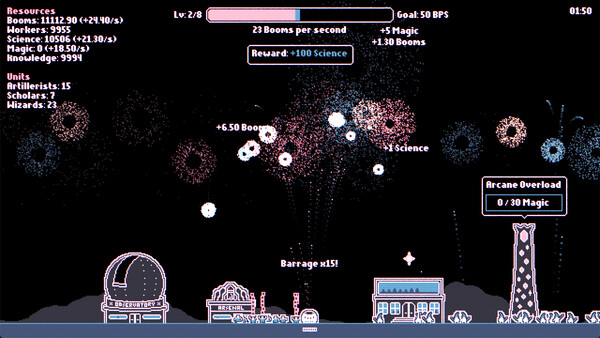 Screenshot of Fireworks Incremental gameplay showing in-action mechanics