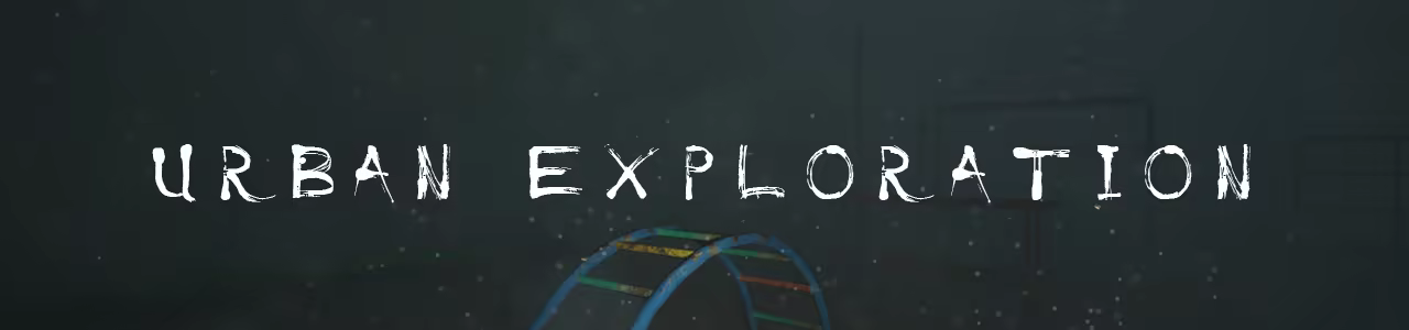 Moody old playground in the fog with &quot;URBAN EXPLORATION&quot; title on it