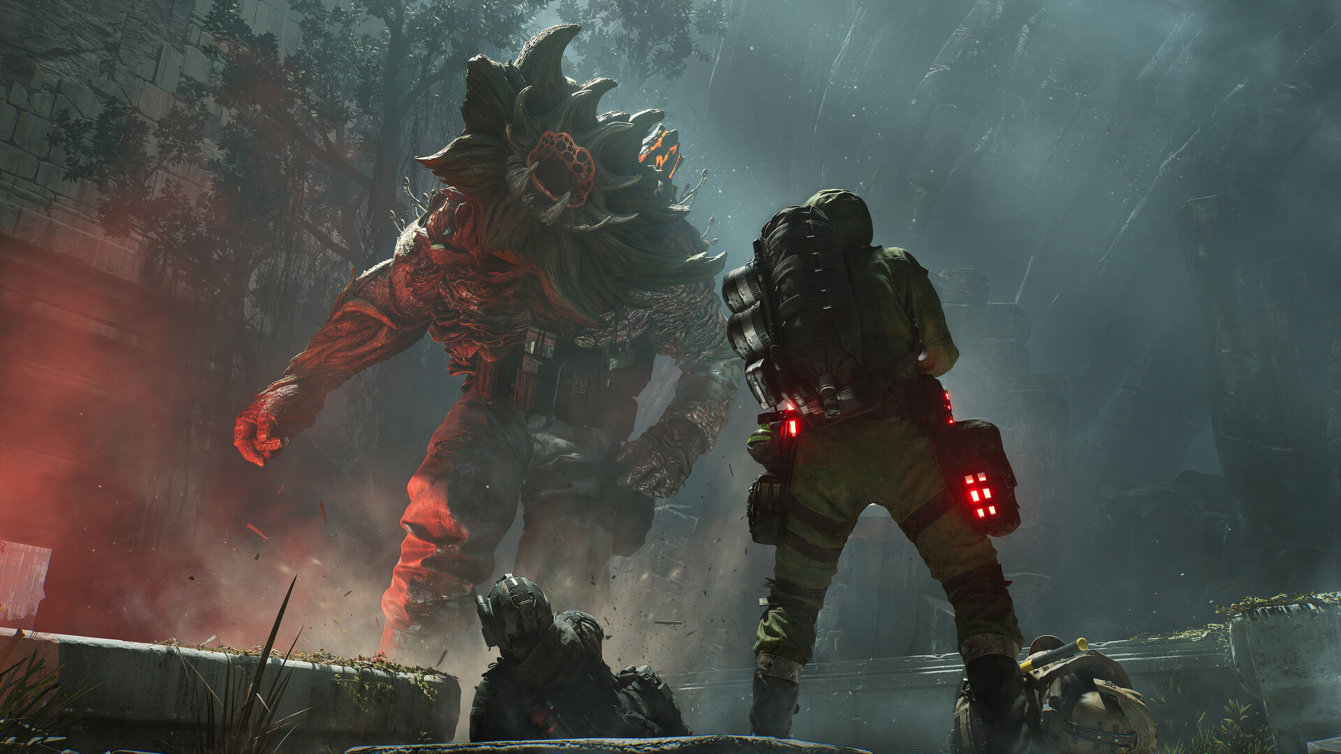 Rules of Engagement: The Grey State 公式スクリーンショット 3人スクワッドが棘状の頭部を持つ大型モンスターと対峙
