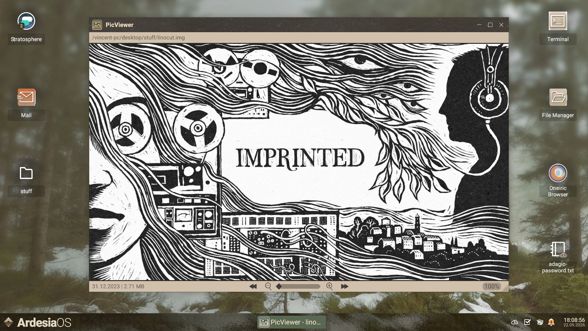 A mysterious Lino cut image is shown.