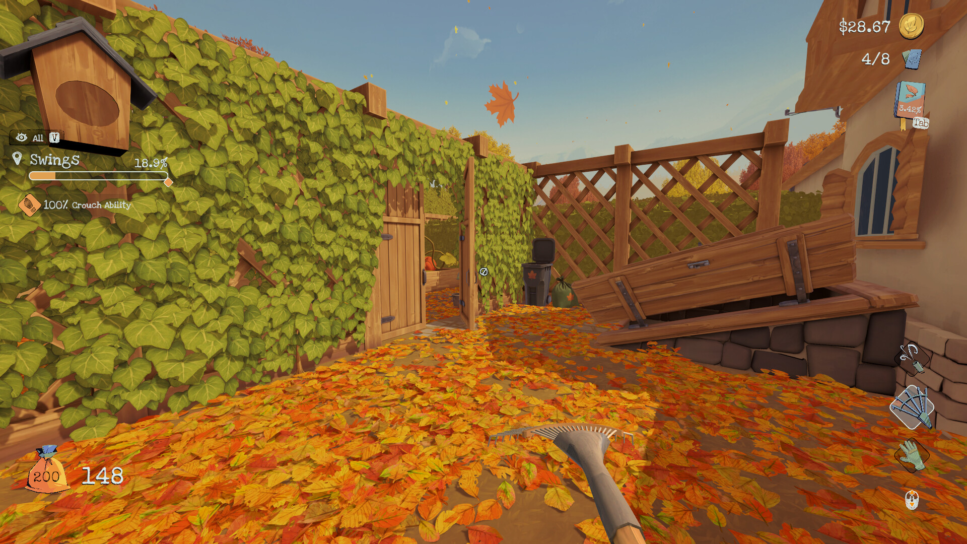 A screenshot from Leaf it Alone shows a rake reaching toward the ground, which is covered in fallen leaves.