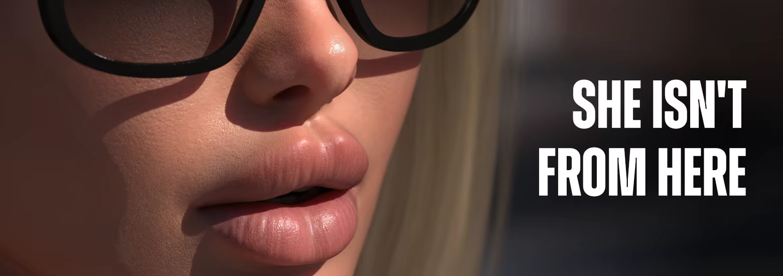 A close up woman's quarter-side profile, showing large plump lips, with the caption "SHE ISN'T FROME HERE"