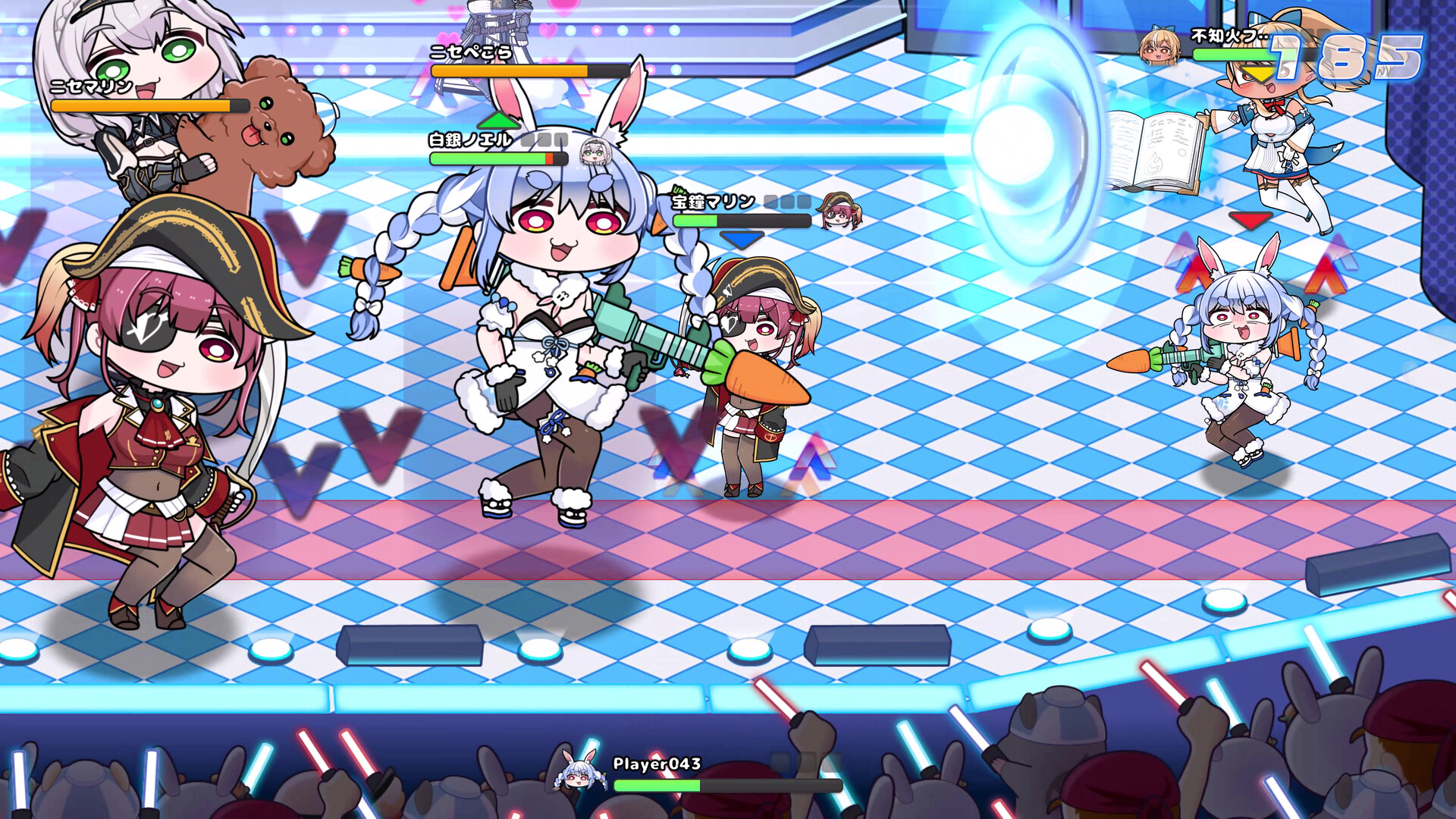 ホロライブファンタジーバトル 公式スクリーンショット 4人のキャラクターが観客の前で対戦する場面