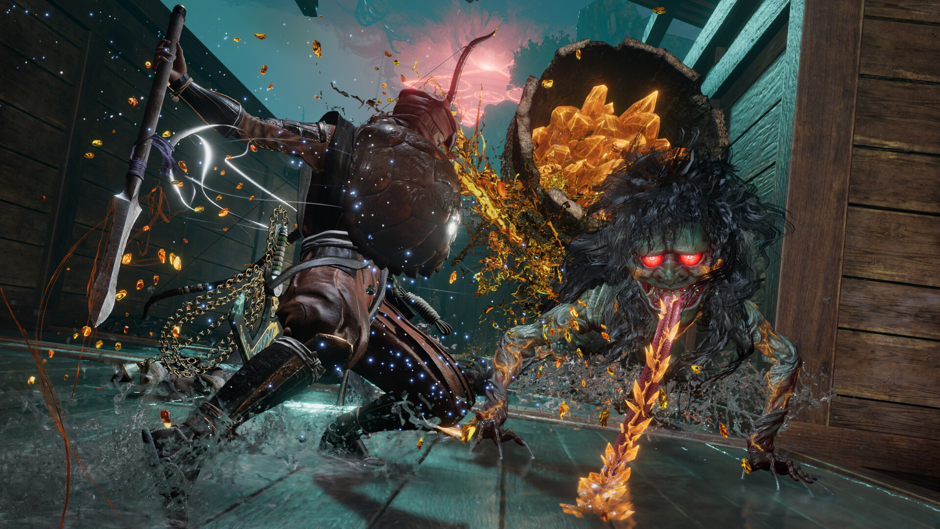 A ninja wielding the new hoko and shield weapon set against a yokai in Nioh 3 Hell Rising