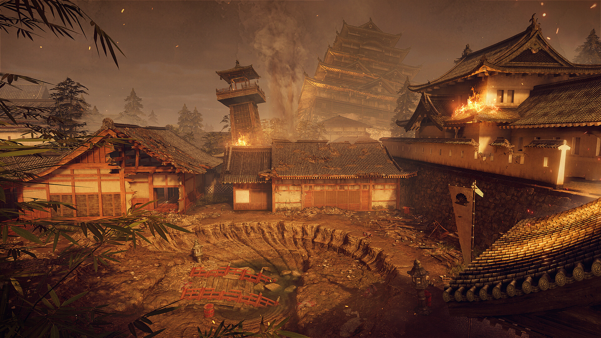 The burning castle town of Edo in Nioh 3's Hell Rising expansion, with the keep visible through smoke