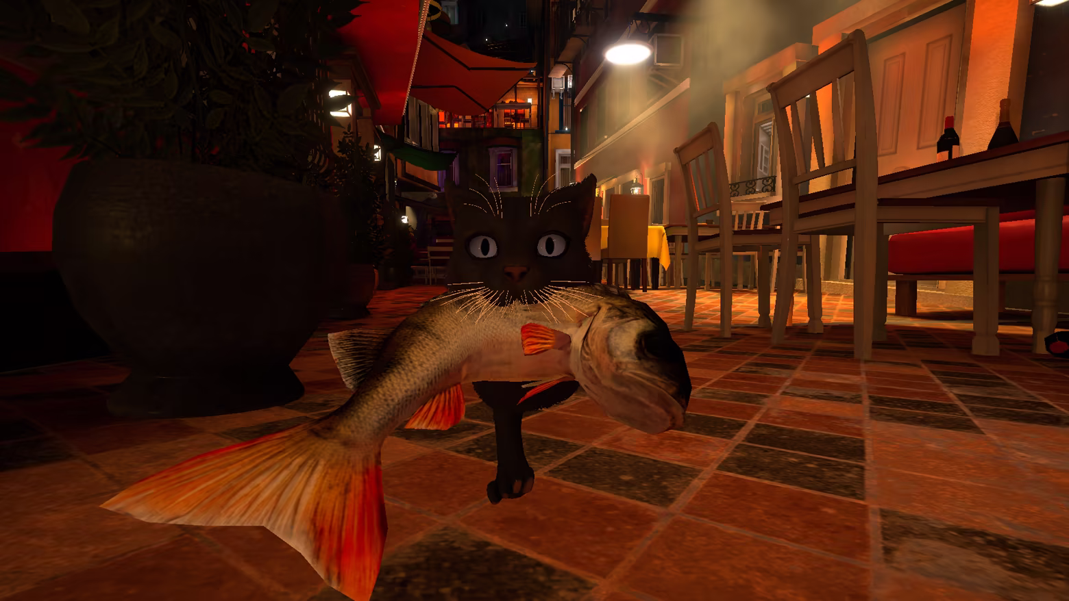 A black cat runs toward the camera carrying a fish through a cafe lane at night.