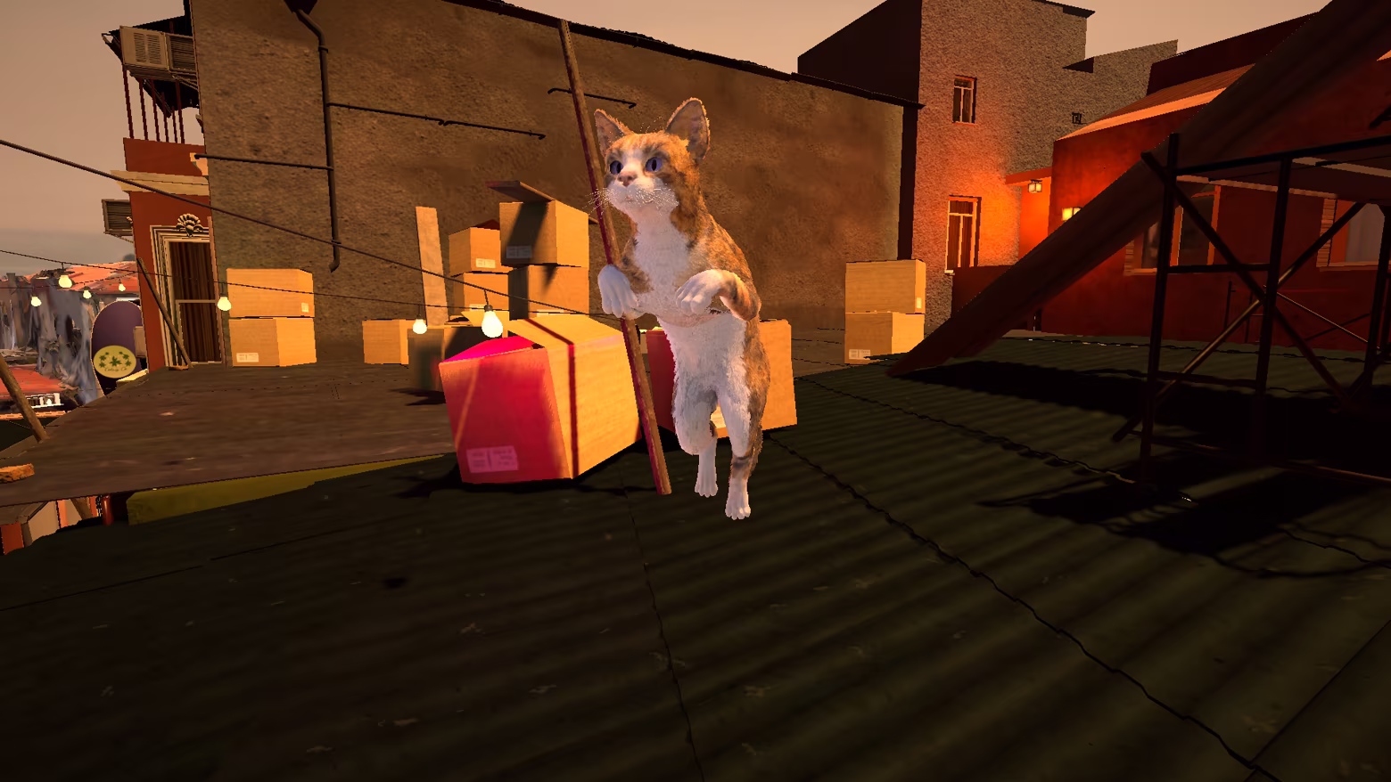 The mother cat jumps toward the camera above a sunlit rooftop route.