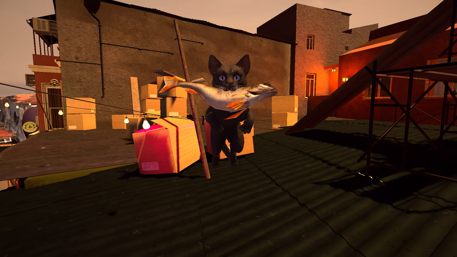 A black cat jumps with a fish in its mouth above a sunlit rooftop route.