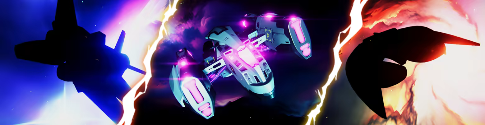 Left to right: banking ship silhouette of first ship, Hammer ship hero shot, and fly-by ship silhouette of third ship