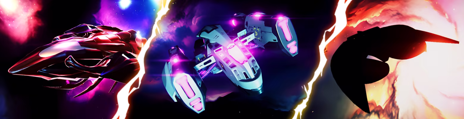 Left to right: Void Saber, Hammer ship hero shot, and fly-by ship silhouette of third ship