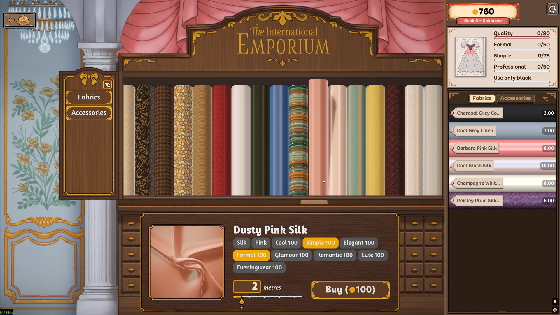Captura del simulador de costura cozy para la sección de gráficos y sonido